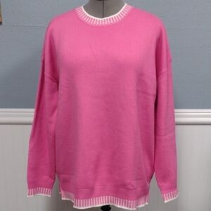 Zeagoo Vibrant Pink andWhite Crewneck Polluver Viscose Polyester and Nylon Blend